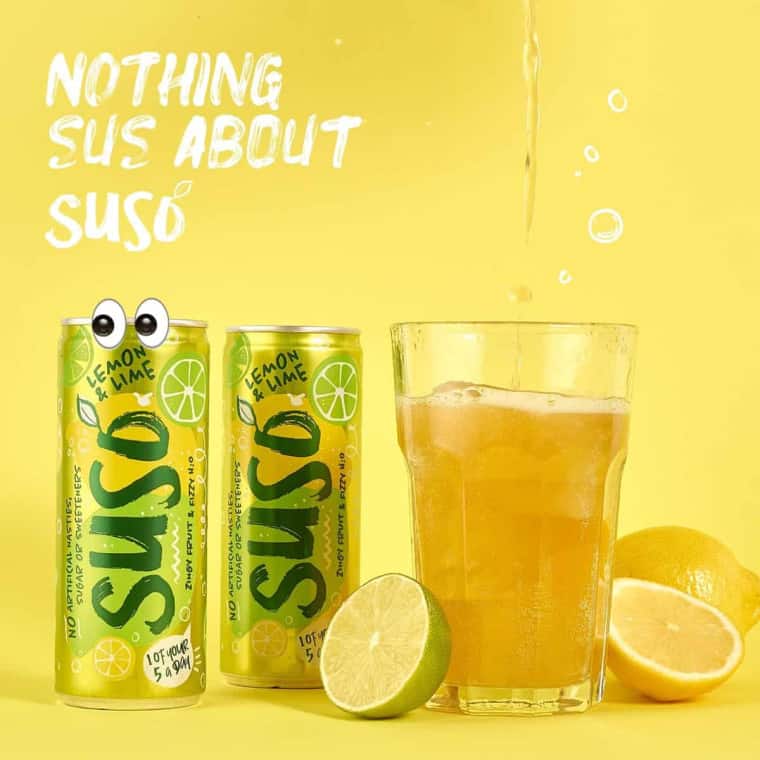 x2 lemon & lime cans with a glass being poured next to them on the right
