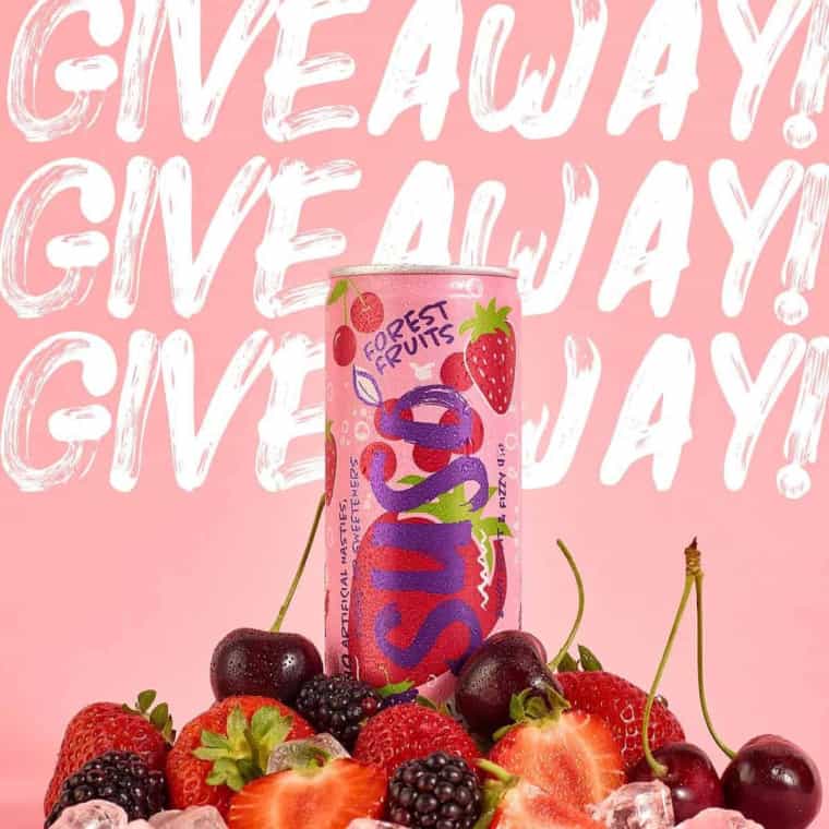 Forest Fruits on pink background with word Giveaway on